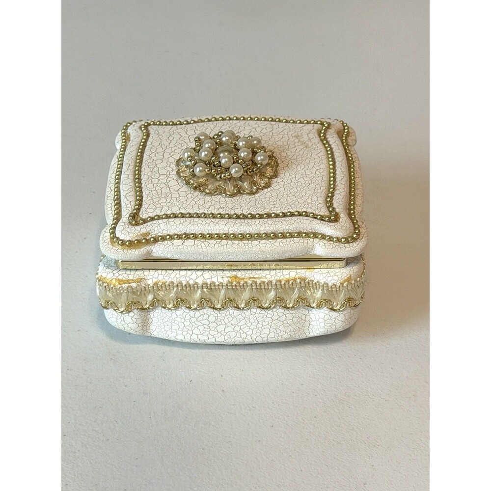 Vtg Made in Italy Ceramic Clay Trinket Jewelry Box White Gold Pearl Hinged Lid